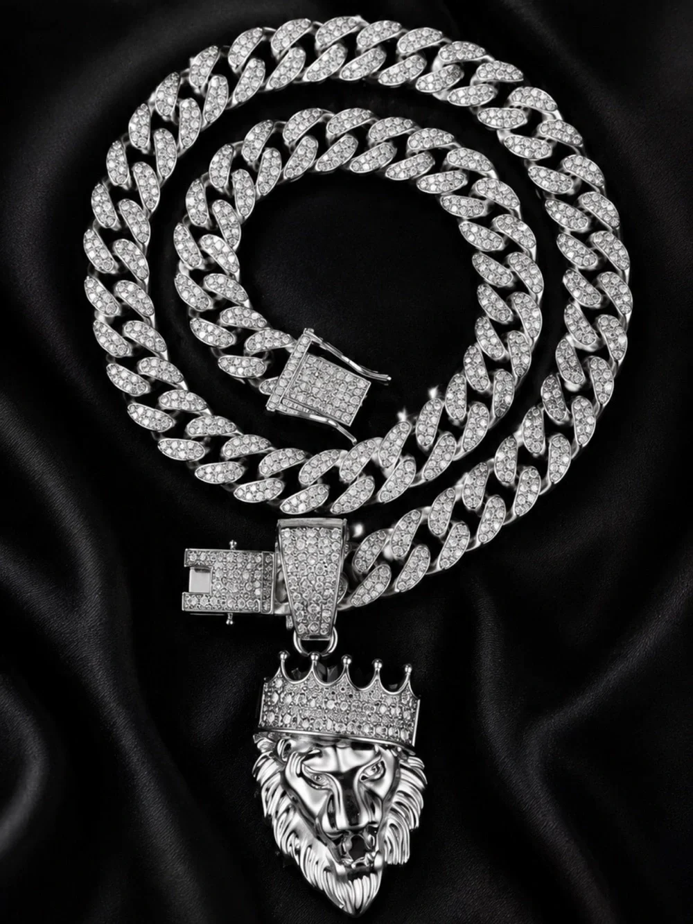 Silver Iced Out Lion Pendant Necklace Simulated Diamond 20” Miami Cuban Chain